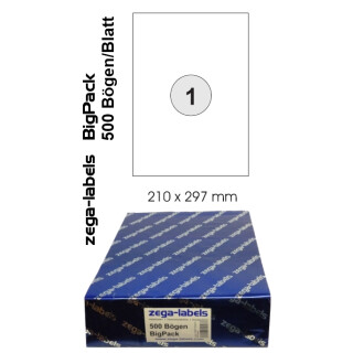 500 Etiketten 210 x 297 mm selbstklebend auf DIN A4 Bögen (1 Etikett DIN A4) - 500 Blatt Bigpack - Universell für Laser/Inkjet/Kopierer einsetzbar - 210x297mm - 1-teilig