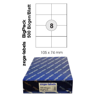 4.000 Etiketten 105 x 74 mm selbstklebend auf DIN A4 Bögen (2x4 Etiketten DIN A7) - 500 Blatt Bigpack - Universell für Laser/Inkjet/Kopierer einsetzbar - 105x74mm - 8-teilig