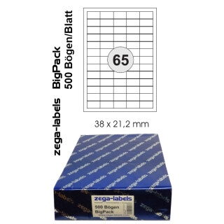 32.500 Etiketten 38 x 21,2 mm selbstklebend auf DIN A4 Bögen (5x13 Etiketten) - 500 Blatt Bigpack - Universell für Laser/Inkjet/Kopierer einsetzbar - 38x21mm - 65-teilig