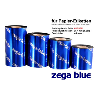 Thermotransferfolie schwarz 60 mm x 300 m - zega blue (Wachs Premium) - aussen gewickelt - für Industriedrucker 1 Zoll Kern 25 mm
