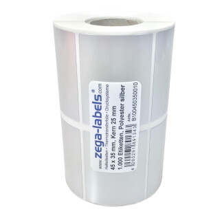 Thermotransfer Etiketten aus PET Polyesterfolie silber auf Rolle - 45 x 35 mm - 2-bahng - 1.000 Stück je Rolle - Kern: 25 mm - aussen gewickelt - stark haftend - für Typenschilder - Druckverfahren: Thermotransfer (Drucken mit Farbband) 45x35mm