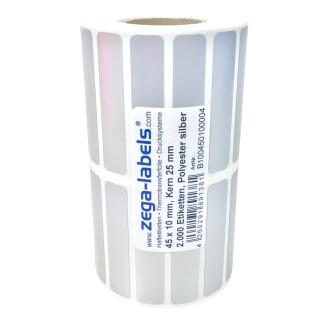 Thermotransfer Etiketten aus PET Polyesterfolie silber auf Rolle - 45 x 10 mm - 2-bahnig - 2.000 Stück je Rolle - Kern: 25 mm - aussen gewickelt - stark haftend - für Typenschilder - Druckverfahren: Thermotransfer (Drucken mit Farbband) 45x10mm