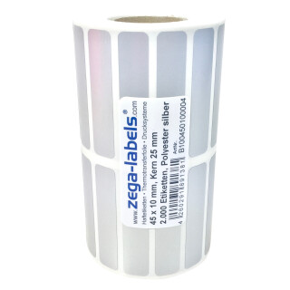 Thermotransfer Etiketten aus PET Polyesterfolie silber auf Rolle - 45 x 10 mm - 2.000 Stück je Rolle - Kern: 25 mm - aussen gewickelt - stark haftend - für Typenschilder - Druckverfahren: Thermotransfer (Drucken mit Farbband) 45x10mm