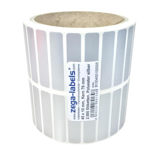 Thermotransfer Etiketten aus PET Polyesterfolie silber auf Rolle - 45 x 10 mm - 2.000 Stück je Rolle - Kern: 76 mm - aussen gewickelt - stark haftend - für Typenschilder - Druckverfahren: Thermotransfer (Drucken mit Farbband) 45x10mm