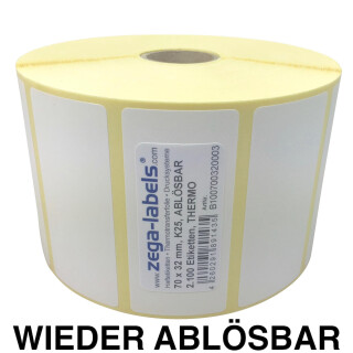 Thermo Etiketten auf Rolle - 70 x 32 mm - 2.100 Stück je Rolle - Kern: 25 mm - aussen gewickelt - WIEDER ABLÖSBAR - mit Perforation - Druckverfahren: Thermodirekt (Drucken ohne Farbband) - 70x32mm