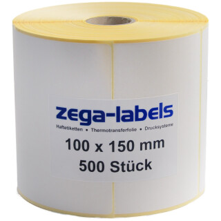 Thermotransfer Etiketten auf Rolle - 100 x 150 mm - 500 Stück je Rolle - Kern: 25 mm - aussen gewickelt - permanent haftend - mit Perforation - Druckverfahren: Thermotransfer (Drucken mit Farbband) 100x150mm