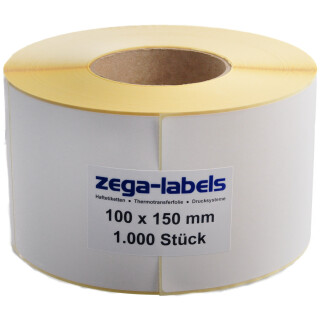 Thermo Etiketten auf Rolle - 100 x 150 mm - 1.000 Stück je Rolle - Kern: 76 mm - aussen gewickelt - permanent haftend - mit Perforation - Druckverfahren: Thermodirekt (Drucken ohne Farbband) - 100x150mm