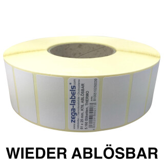 Thermo Etiketten auf Rolle - 51 x 25 mm - 5.160 Stück je Rolle - Kern: 76 mm - aussen gewickelt - WIEDER ABLÖSBAR - mit Perforation - Druckverfahren: Thermodirekt (Drucken ohne Farbband) - 51x25mm - Format kompatibel Zebra 880154-025 3004996
