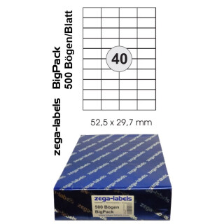 20.000 Etiketten 52,5 x 29,7 mm selbstklebend auf DIN A4 Bögen (4x10 Etiketten) - 500 Blatt Bigpack - Universell für Laser/Inkjet/Kopierer einsetzbar - 52x29mm - 40-teilig