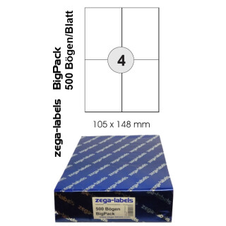 Etiketten selbstklebend auf DIN A4 Bögen - 500 Blatt BigPack - Universell für Laser/Inkjet/Kopierer einsetzbar 04-teilig - 105 x 148 mm