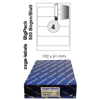 2.000 Etiketten 192 x 61 mm selbstklebend auf DIN A4 Bögen (1x4 Etiketten) - 500 Blatt Bigpack - Universell für Laser/Inkjet/Kopierer einsetzbar - 192x61mm - 4-teilig