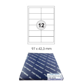 Etiketten selbstklebend auf DIN A4 Bögen - 100 Blatt Pack - Universell für Laser/Inkjet/Kopierer einsetzbar 12-teilig - 97 x 42,3 mm