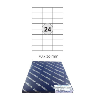 Etiketten selbstklebend auf DIN A4 Bögen - 100 Blatt Pack - Universell für Laser/Inkjet/Kopierer einsetzbar 24-teilig - 70 x 36 mm