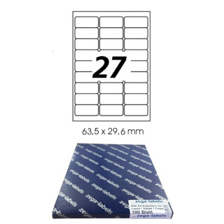 2.700 Etiketten 63,5 x 29,6 mm selbstklebend auf DIN A4 Bögen (3x9 Etiketten) - 100 Blatt Pack - Universell für Laser/Inkjet/Kopierer einsetzbar - 63x29mm - 27-teilig