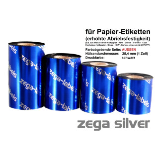 Thermotransferfolie schwarz 60 mm x 600 m - zega silver (Wachs/Harz) - aussen gewickelt - für Industriedrucker 1 Zoll Kern 25 mm