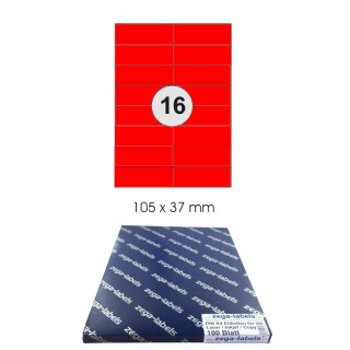 1.600 Etiketten 105 x 37 mm ROT selbstklebend auf DIN A4 Bögen (2x8 Etiketten) - 100 Blatt Pack - Universell für Laser/Inkjet/Kopierer einsetzbar - 105x37mm - rot - 16-teilig