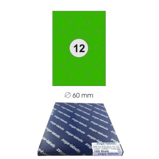 1.200 Etiketten 60 mm rund GRÜN selbstklebend auf DIN A4 Bögen (3x4 Etiketten) - 100 Blatt Pack - Universell für Laser/Inkjet/Kopierer einsetzbar - 60 mm Durchmesser - grün - 12-teilig