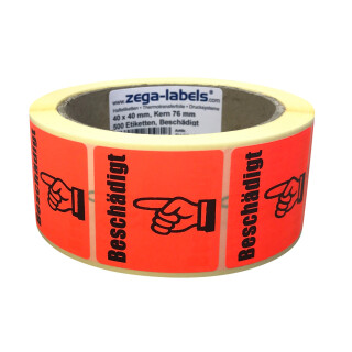 Warnetiketten auf Rolle - Beschädigt - 500 Stück je Rolle - 40 x 40 mm - Leuchtrot Haftpapier stark haftend - Versandaufkleber zur Qualitätssicherung für beschädigte oder defekte Produkte bzw. Retouren