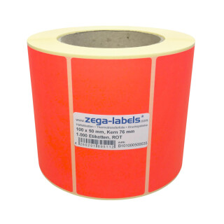 Thermotransfer Etiketten ROT auf Rolle - 100 x 50 mm - 1.000 Stück je Rolle - Kern: 76 mm - aussen gewickelt - Papier Leuchtrot - permanent haftend - Druckverfahren: Thermotransfer (Drucken mit Farbband) - 100x50mm
