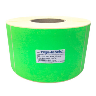 Thermotransfer Etiketten GRÜN auf Rolle - 100 x 150 mm - 1.000 Stück je Rolle - Kern: 76 mm - aussen gewickelt - Papier Leuchtgrün - permanent haftend - Druckverfahren: Thermotransfer (Drucken mit Farbband) - 100x150mm