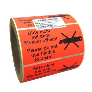 Warnetiketten auf Rolle - Bitte nicht mit dem Messer öffnen - 500 Stück je Rolle - 100 x 50 mm - Leuchtrot Haftpapier stark haftend - Versandaufkleber
