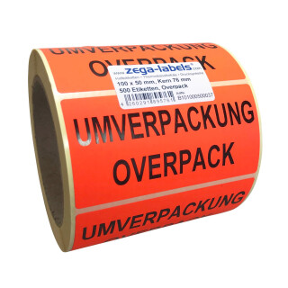 Warnetiketten auf Rolle - Umverpackung Overpack - 500 Stück je Rolle - 100 x 50 mm - Leuchtrot Haftpapier stark haftend - Versandaufkleber