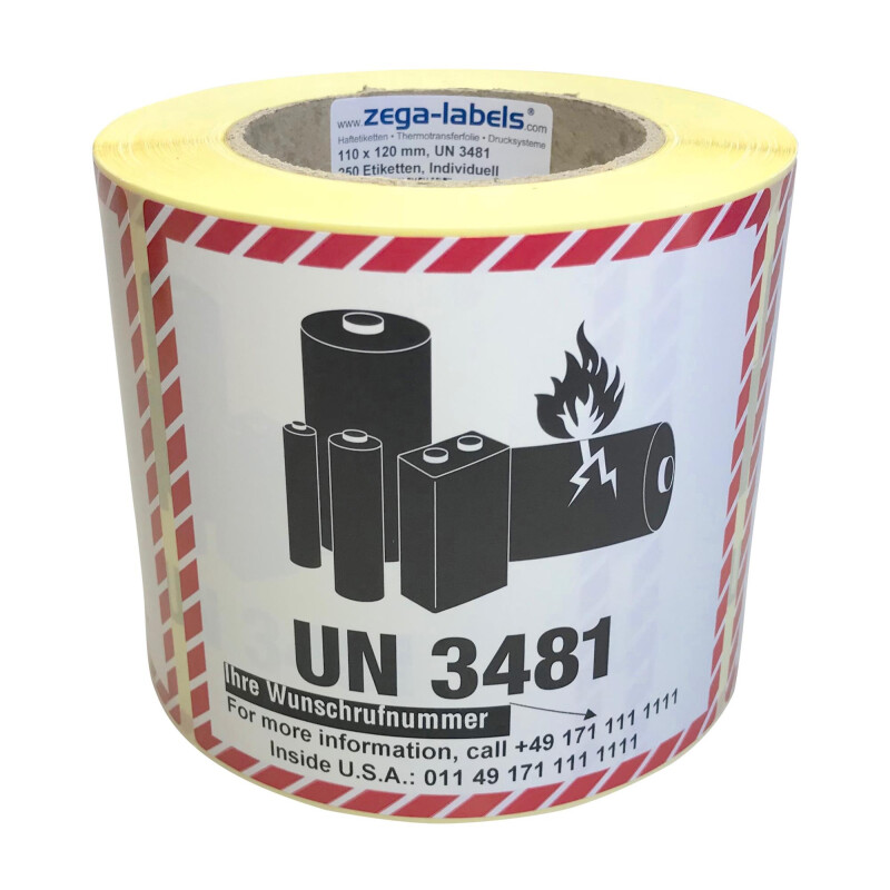 ohne Telefon//UN-Nr - Druck: Lithium-Ionen-Batterien-Akku z.B. 3481, 3480, 3090, 3091 BT-Label 250 Gefahrgut-Etiketten 120 x 110 mm UN Klasse zum selber beschriften