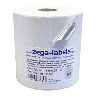 Thermotransfer Etiketten Rolle - 100 x 150 mm - 250 Stück je Rolle - Kern: 40 mm - EXTREM STARK haftender Spezialkleber für Reifen, Holzpaletten, Beton - mit Perforation - Druckverfahren: Thermotransfer (Drucken mit Farbband) - 100x150mm