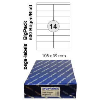 7.000 Etiketten 105 x 39 mm selbstklebend auf DIN A4 Bögen (2x7 Etiketten) - 500 Blatt Bigpack - Universell für Laser/Inkjet/Kopierer einsetzbar - 105x39mm - 14-teilig