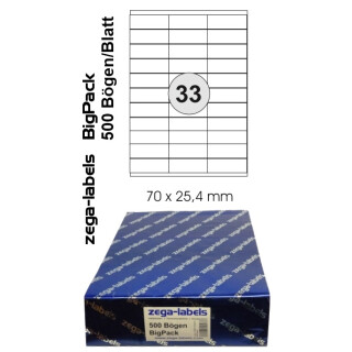 16.500 Etiketten 70 x 25,4 mm selbstklebend auf DIN A4 Bögen (3x11 Etiketten) - 500 Blatt Bigpack - Universell für Laser/Inkjet/Kopierer einsetzbar - 70x25mm - 33-teilig