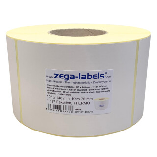 Thermo Etiketten auf Rolle - 105 x 148 mm - 1.127 Stück je Rolle - Kern: 76 mm - aussen gewickelt - permanent haftend - mit Perforation - Druckverfahren: Thermodirekt (Drucken ohne Farbband) - 105x148mm