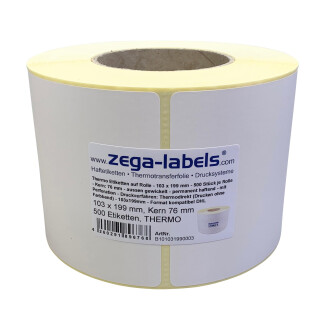 Thermo Etiketten auf Rolle - 103 x 199 mm - 500 Stück je Rolle - Kern: 76 mm - aussen gewickelt - permanent haftend - mit Perforation - Druckverfahren: Thermodirekt (Drucken ohne Farbband) - 103x199mm - Format kompatibel DHL 910-300-660 910-300-630