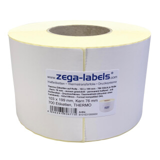 Thermo Etiketten auf Rolle - 103 x 199 mm - 700 Stück je Rolle - Kern: 76 mm - aussen gewickelt - permanent haftend - mit Perforation - Druckverfahren: Thermodirekt (Drucken ohne Farbband) - 103x199mm - Format kompatibel DHL 910-300-630 910-300-660