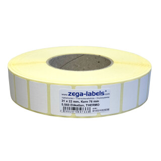 Thermo Etiketten auf Rolle - 31 x 22 mm - 5.560 Stück je Rolle - Kern: 76 mm - aussen gewickelt - permanent haftend - ohne Perforation - Druckverfahren: Thermodirekt (Drucken ohne Farbband) - 31x22mm