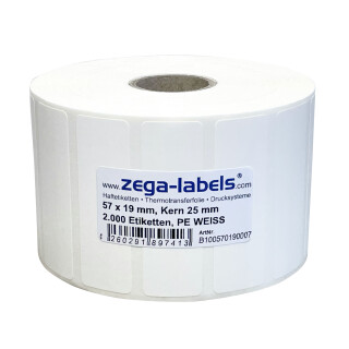 Thermotransfer Etiketten aus PE-Folie Polyethylen weiss glänzend auf Rolle - 57 x 19 mm - 2.000 Stück je Rolle - Kern: 25 mm - aussen gewickelt - permanent haftend - feuchtigkeitsbeständig - Druckverfahren: Thermotransfer (Drucken mit Farbband) - 57x19mm