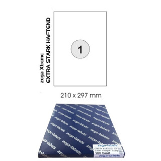 100 Etiketten 210 x 297 mm zega Xtreme - EXTRA STARK HAFTEND - auf DIN A4 Bögen (1 Etikett DIN A4) - 100 Blatt Pack - Universell für Laser/Inkjet/Kopierer einsetzbar - 210x297mm - 1-teilig