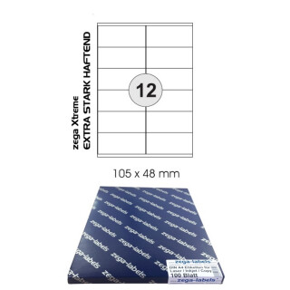 1.200 Etiketten 105 x 48 mm zega Xtreme - EXTRA STARK HAFTEND - auf DIN A4 Bögen (2x6 Etiketten) - 100 Blatt Pack - Universell für Laser/Inkjet/Kopierer einsetzbar - 105x48mm - 12-teilig