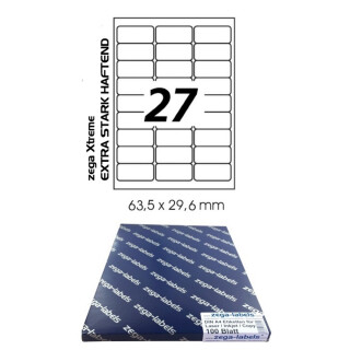 2.700 Etiketten 63,5 x 29,6 mm zega Xtreme - EXTRA STARK HAFTEND - auf DIN A4 Bögen (3x9 Etiketten) - 100 Blatt Pack - Universell für Laser/Inkjet/Kopierer einsetzbar - 63x29mm - 27-teilig