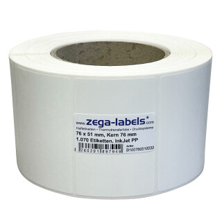 Inkjet Etiketten auf Rolle - 76 x 51 mm - 1.070 Stück je Rolle - Kern: 76 mm - PP-Folie Polypropylen weiss glänzend - aussen gewickelt - permanent haftend - ohne Perforation - Druckverfahren: Ink Jet für Epson ColorWorks C6000 C6500 C7500G - 76x51mm