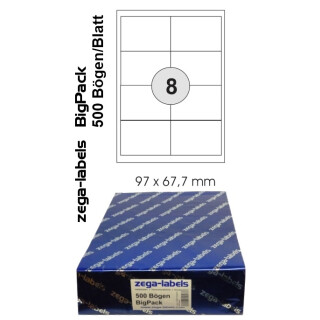 RETOURE ARTIKEL - 4.000 Etiketten 97 x 67,7 mm selbstklebend auf DIN A4 Bögen (2x4 Etiketten) - 500 Blatt Bigpack - Universell für Laser/Inkjet/Kopierer einsetzbar - 97x67mm - 8-teilig - B-Ware