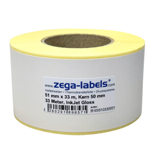 Inkjet Etiketten Endlos Rolle - 51 mm x 33 m - 33 Meter je Rolle - Kern: 50 mm - Papier Hochglanz - aussen gewickelt - permanent haftend - Continuous Roll - Druckverfahren: Ink Jet (Rollen Tintenstrahl Drucker) für Epson ColorWorks C4000 TM-C3500 51x33
