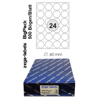 RETOURE ARTIKEL - 12.000 Etiketten 40 mm rund selbstklebend auf DIN A4 Bögen (4x6 Etiketten) - 500 Blatt Bigpack - Universell für Laser/Inkjet/Kopierer einsetzbar - 40 mm Durchmesser - 24-teilig - B-Ware