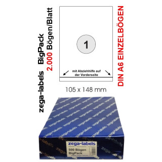 2.000 Etiketten 105 x 148 mm selbstklebend einzeln - MIT ABZIEHHILFE VORNE = DIN A6 Bögen (1x1 Etikett DIN A6) - 2.000 Blatt BigPack - Universell für Laser/Inkjet/Kopierer einsetzbar - Adressetiketten 148 x 105 mm einzeln - 105x148mm