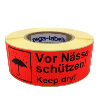 Warnetiketten auf Rolle - Vor Nässe schützen! - 500 Stück je Rolle - 150 x 50 mm - Leuchtrot Haftpapier stark haftend - Versandaufkleber