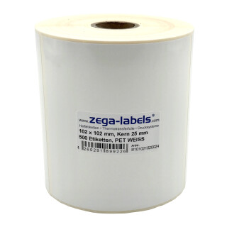 Thermotransfer Etiketten aus PET Polyesterfolie weiss auf Rolle - 102 x 102 mm - 500 Stück je Rolle - Kern: 25 mm - aussen gewickelt - stark haftend - für Typenschilder - Druckverfahren: Thermotransfer (Drucken mit Farbband) 102x102mm