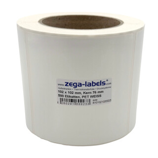 Thermotransfer Etiketten aus PET Polyesterfolie weiss auf Rolle - 102 x 102 mm - 500 Stück je Rolle - Kern: 76 mm - aussen gewickelt - stark haftend - für Typenschilder - Druckverfahren: Thermotransfer (Drucken mit Farbband) 102x102mm