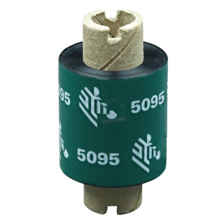 Thermotransferfolie schwarz 33 mm x 74 m - Zebra 5095 (Harz) für Kunststoffetiketten aus PE/PP/PET-Polyesterfolie (kratzfest) - aussen gewickelt - für schmale Desktopdrucker mit 51 mm Druckbreite 1/2 Zoll Kern 12,7 mm überstehende Kernbreite 58 mm